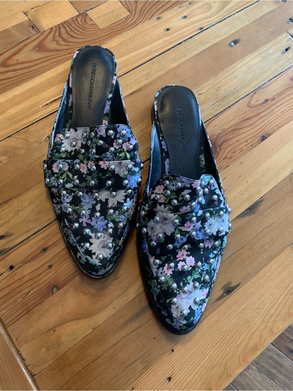 Rebecca Minkoff Black Floral Pearl-Accent Slip-On Loafers